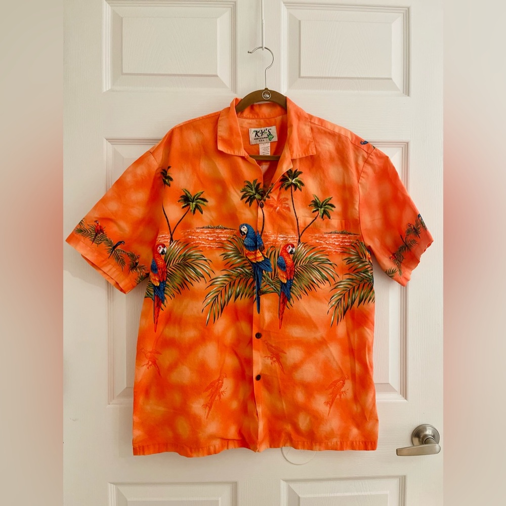 Men’s Button Shirt KY’s Hawaiian Parrots Size L Made in Hawaii USA